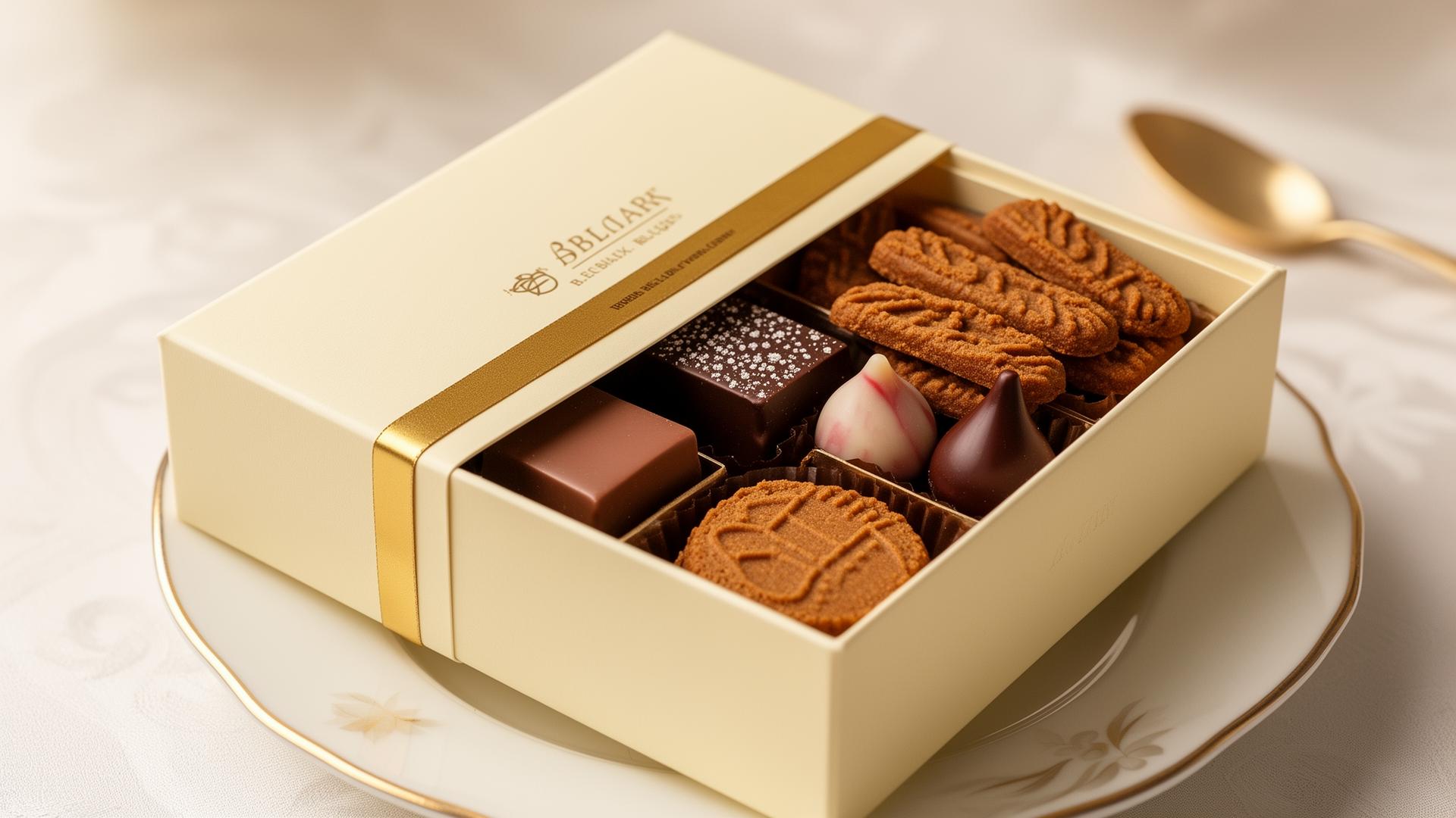 A cream Maison Miette gift box with speculoos, pralines and a cuberdon sweet