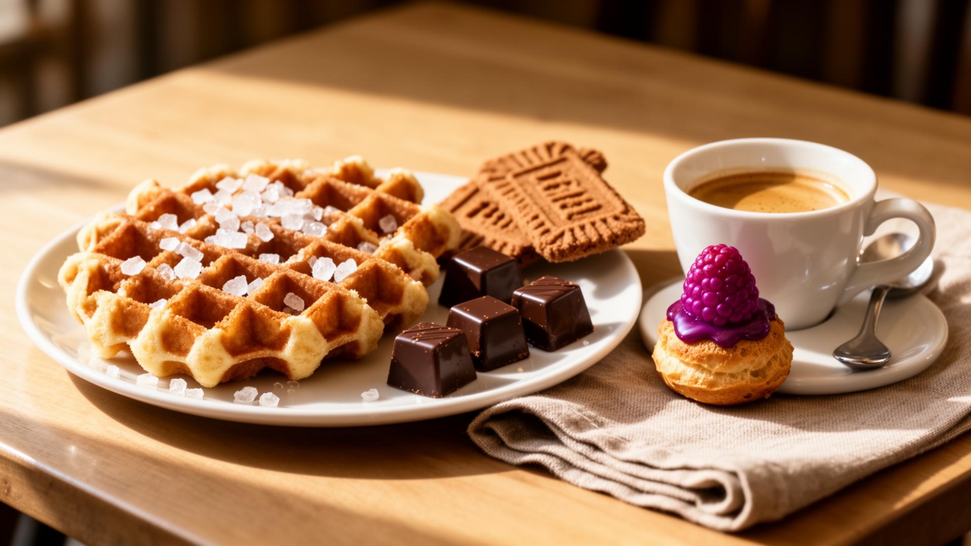 A Belgian café table with a Liège waffle, pralines, speculoos and a cuberdon-glazed choux in warm morning light